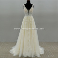 Hot Selling Sheer Sleeveless v neck Lace Bridal expensive wedding dress ball gown